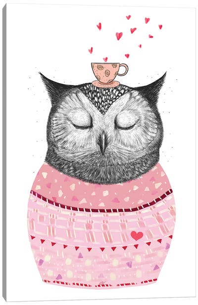 Owl With Coffee Canvas Art Print - Valeriya Korenkova
