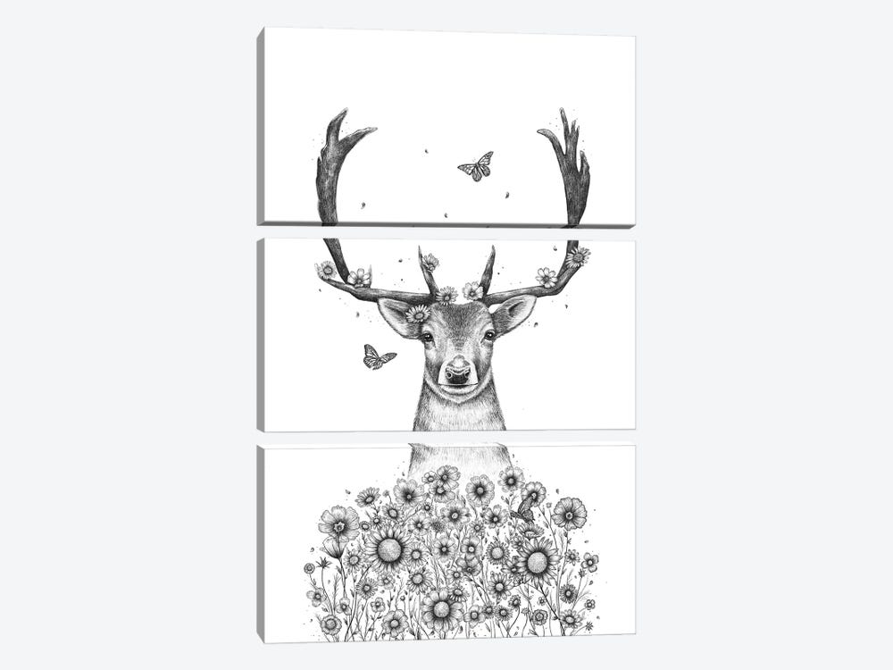 Deer In Flowers by Valeriya Korenkova 3-piece Canvas Art Print