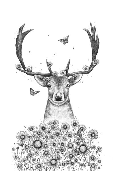 Black & White Florals: Deer In Flowers by Valeriya Korenkova