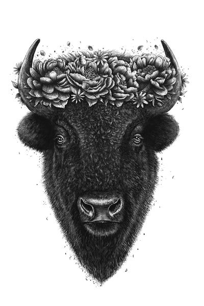 Black & White Florals: Bison With Wreath by Valeriya Korenkova