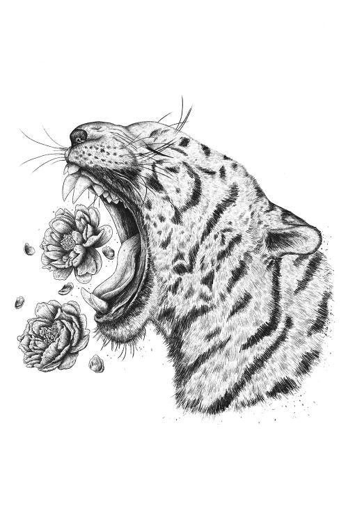 Tiger With Peonies by Valeriya Korenkova wall art