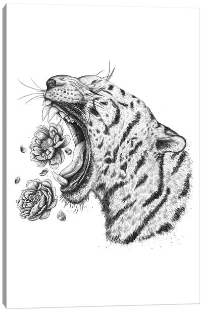 Tiger With Peonies Canvas Art Print - Valeriya Korenkova