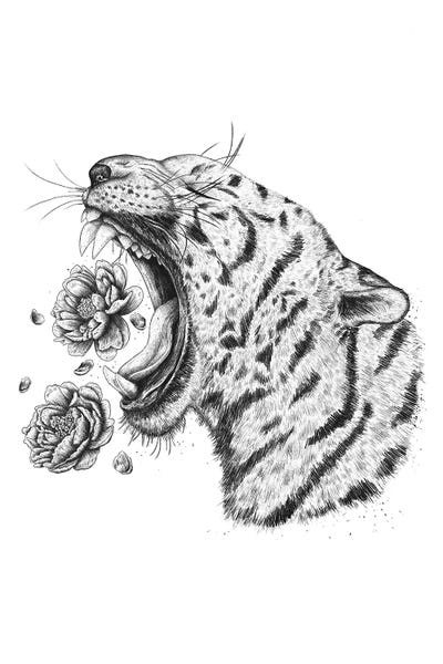 Black & White Florals: Tiger With Peonies by Valeriya Korenkova
