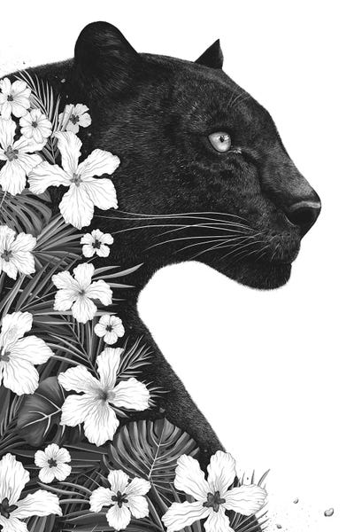 Black & White Florals: Panther With Flowers by Valeriya Korenkova