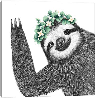 Sloth With Wreath Canvas Art Print - Sloth Art