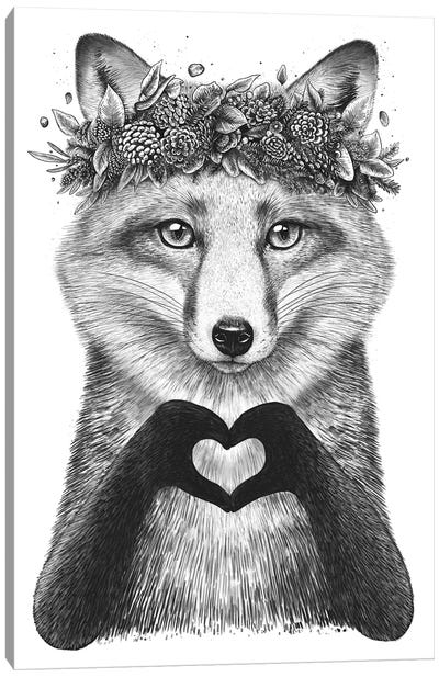 Fox With Heart Canvas Art Print - Black & White Animal Art