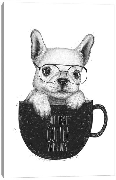 Pug With Coffee Canvas Art Print - Valeriya Korenkova