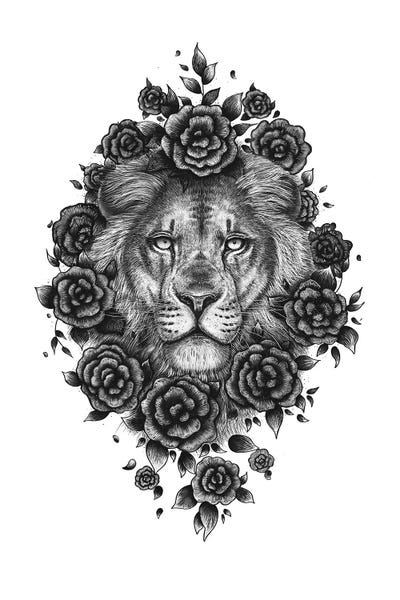 Black & White Florals: Lion In Flowers by Valeriya Korenkova