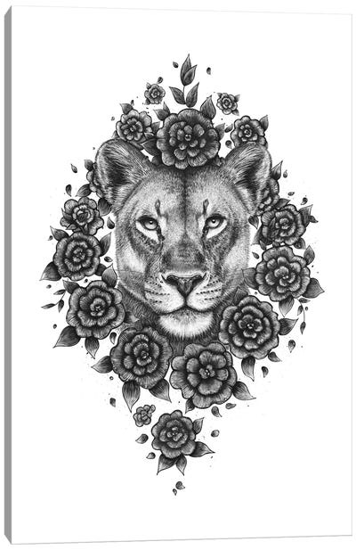 Lioness In Flowers Canvas Art Print - Valeriya Korenkova