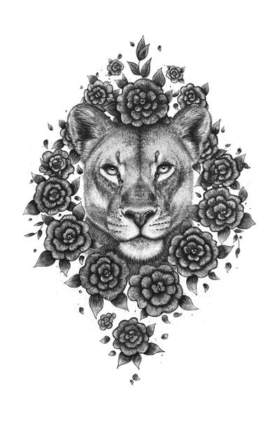 Black & White Florals: Lioness In Flowers by Valeriya Korenkova