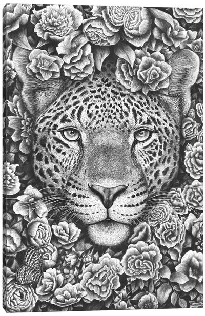 Jaguar In Flowers Canvas Art Print - Valeriya Korenkova