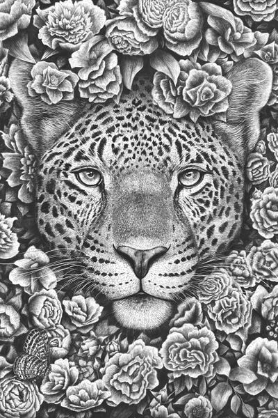 Black & White Florals: Jaguar In Flowers by Valeriya Korenkova