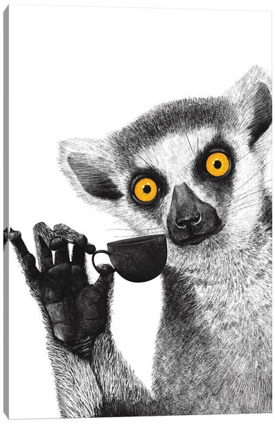 Lemur With Coffee Canvas Art Print - Black, White & Yellow Art