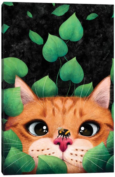 Cat In The Leaves Canvas Art Print - Orange Cat Art