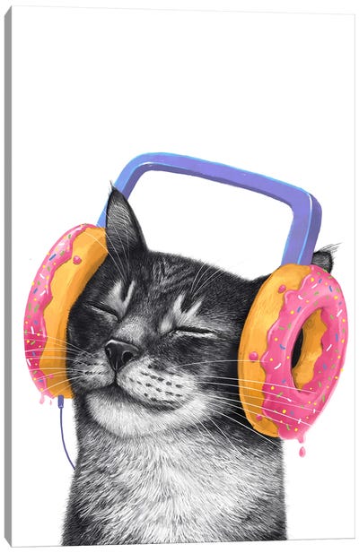 Cat With Headphones Canvas Art Print - Donut Art