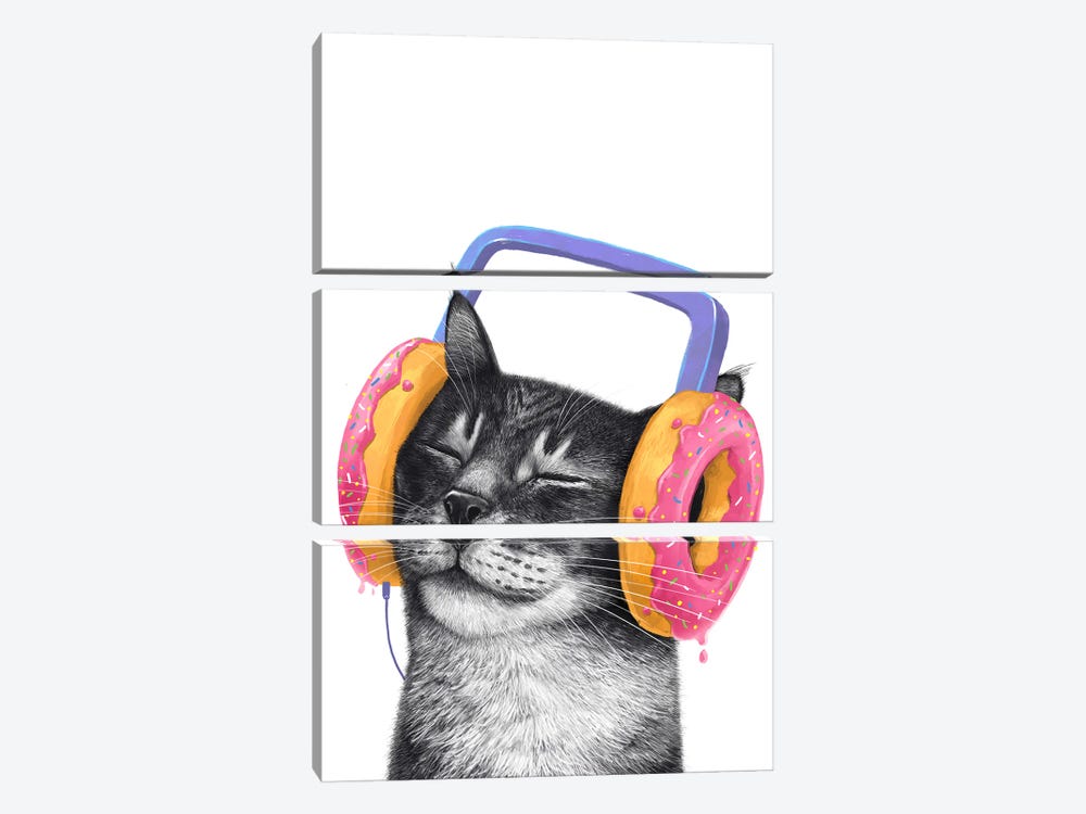 Cat With Headphones by Valeriya Korenkova 3-piece Canvas Print