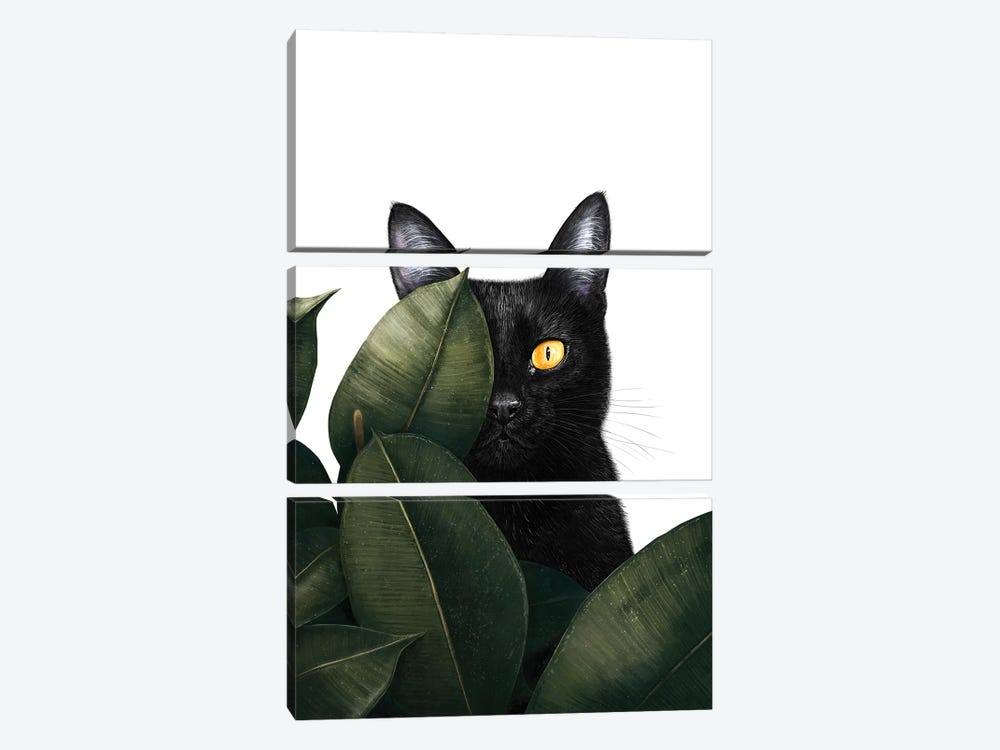 Black Cat In Ficus by Valeriya Korenkova 3-piece Canvas Print