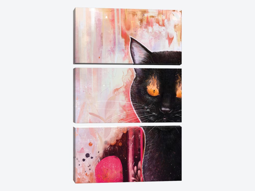 Black Cat With Fire by Valeriya Korenkova 3-piece Canvas Art Print