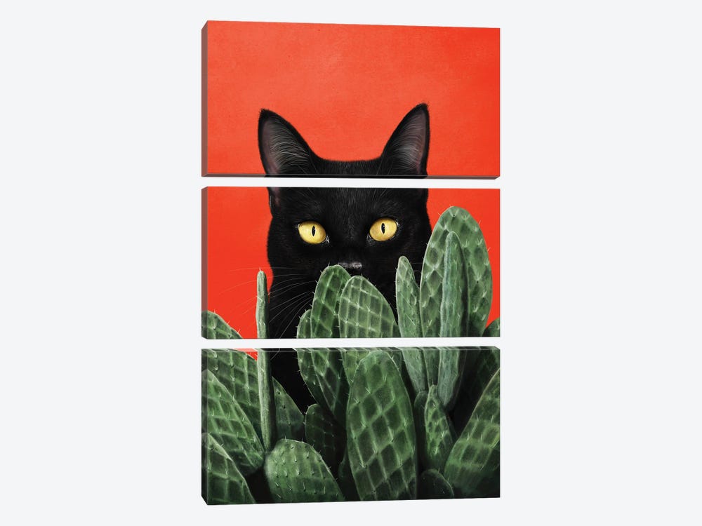 Black Cat In Cactuses by Valeriya Korenkova 3-piece Art Print