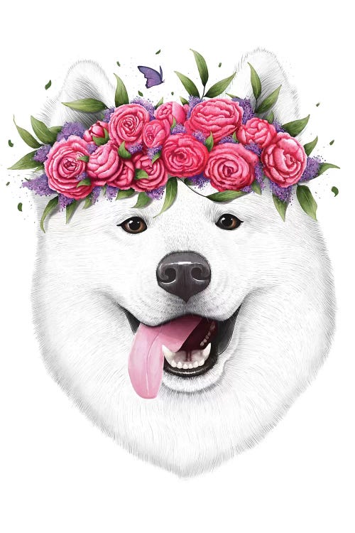 Samoyed With Flowers by Valeriya Korenkova wall art