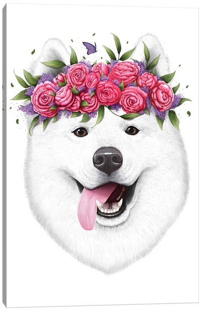Samoyed With Flowers Canvas Art Print