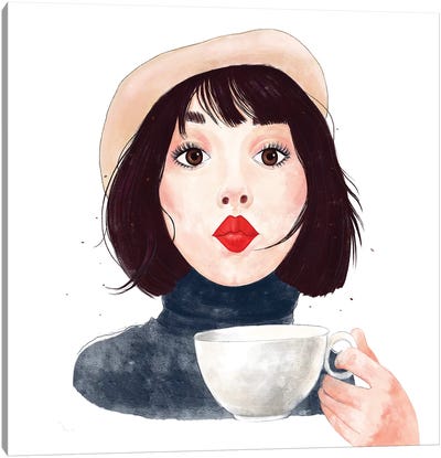 French Woman With Coffee Canvas Art Print - Valeriya Korenkova