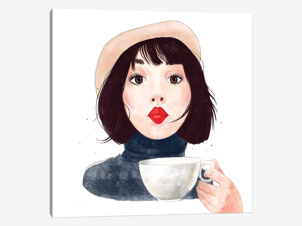 French Woman With Coffee by Valeriya Korenkova 1-piece Canvas Artwork