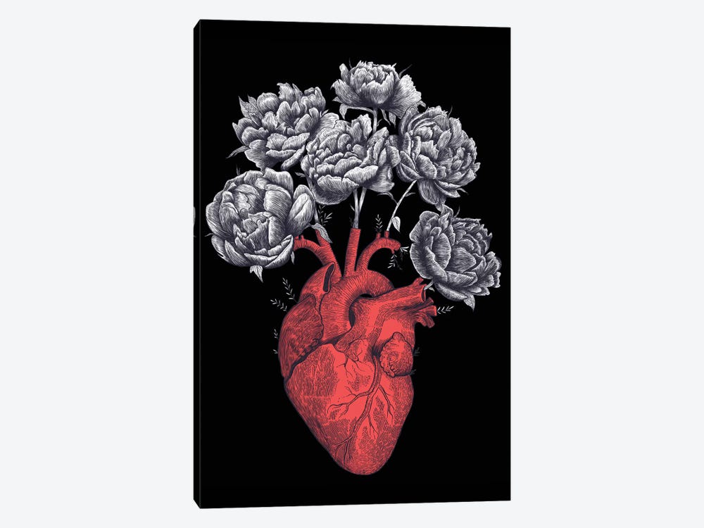 Heart With Peonies On Black by Valeriya Korenkova 1-piece Art Print