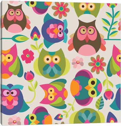 Owls And Flowers I Canvas Art Print - Animal Patterns