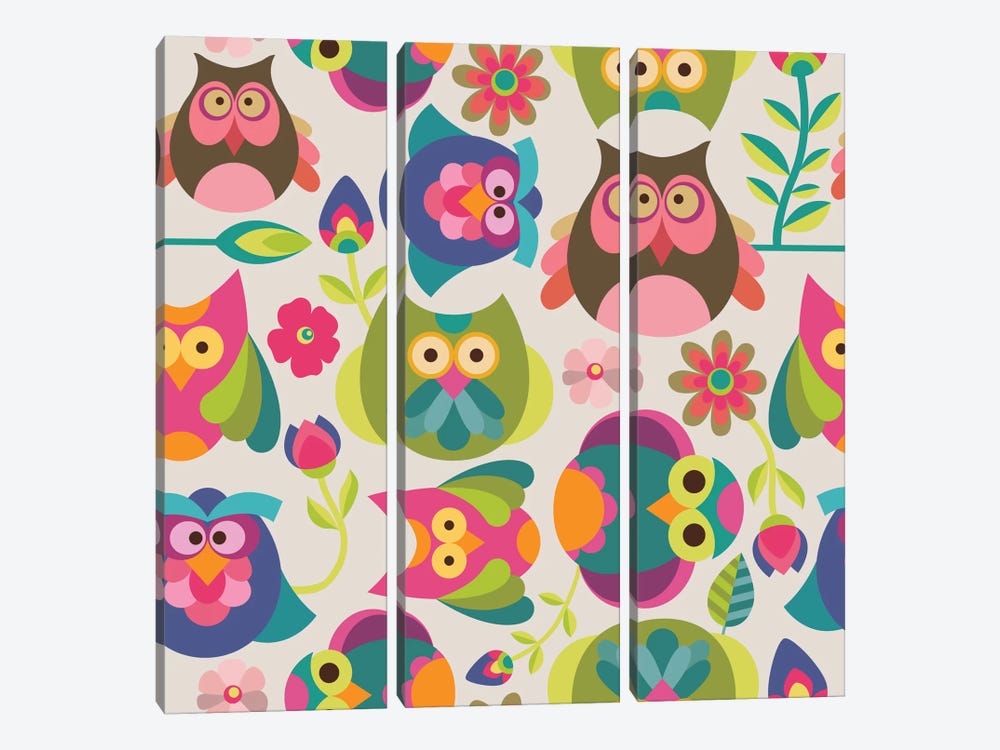 Owls And Flowers I by Valentina Harper 3-piece Canvas Art Print