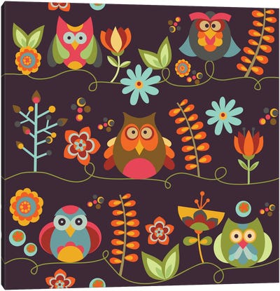 Owls And Flowers II Canvas Art Print - Owl Art