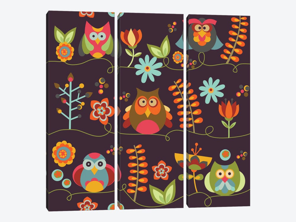 Owls And Flowers II by Valentina Harper 3-piece Canvas Artwork