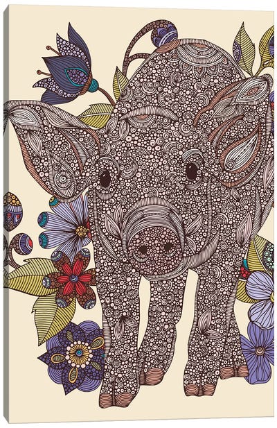 Pinky And The Flowers Canvas Art Print - Pig Art