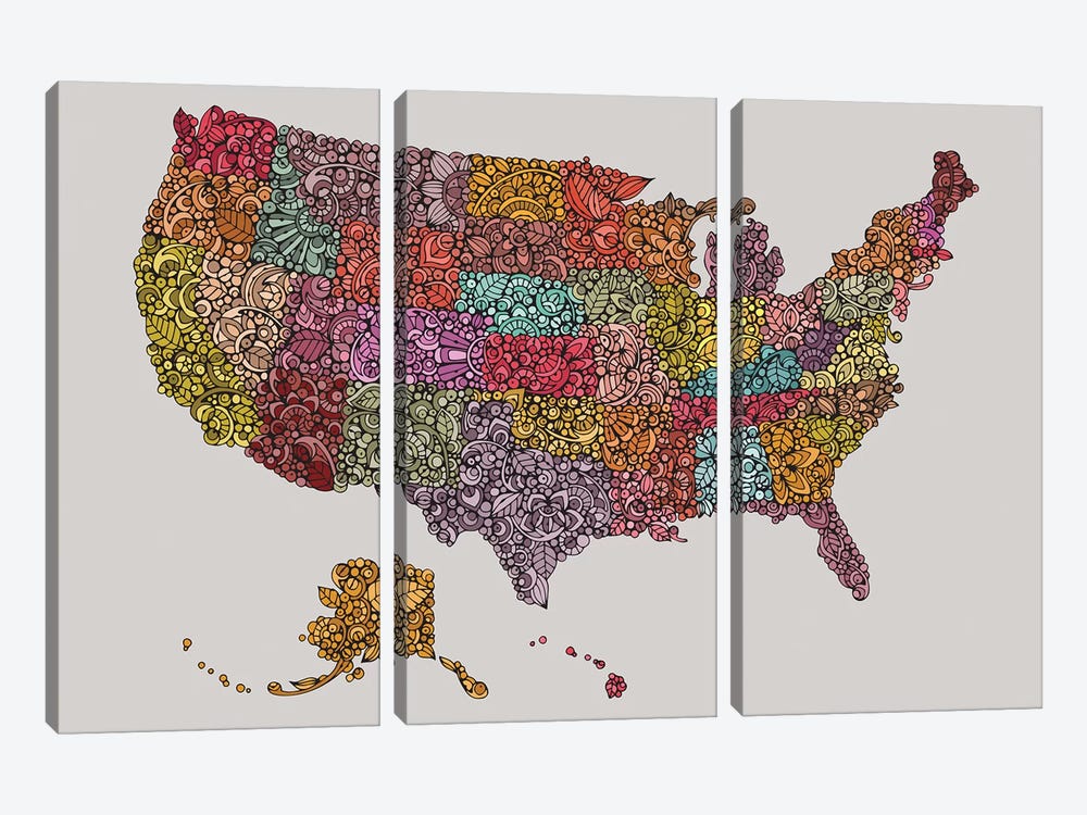 US Map by Valentina Harper 3-piece Canvas Print