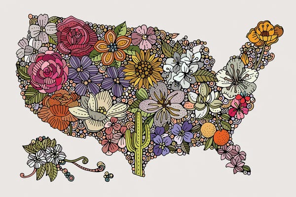 Kids Map Art: Land Of The Free - Flowers by Valentina Harper