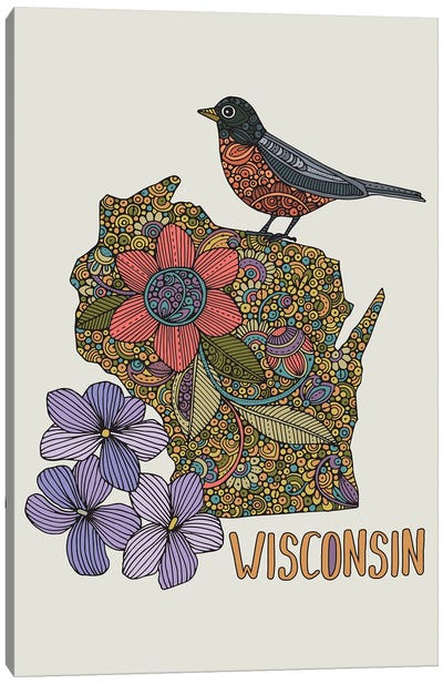 Wisconsin - State Bird And Flower Canvas Art Print - Valentina Harper