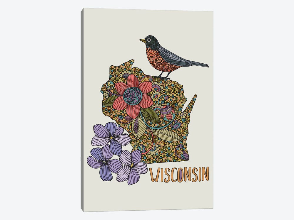 Wisconsin - State Bird And Flower by Valentina Harper 1-piece Canvas Art Print