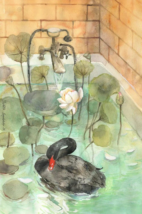 Yellow Golden Bathtub With Black Swan