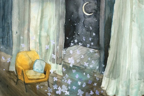 Surreal Living Room With Moon Peaking Through A Window