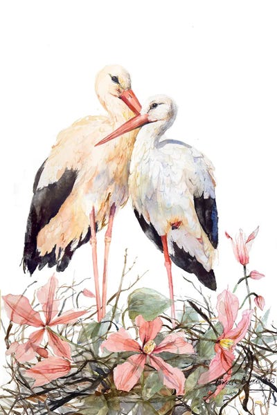 Storks: Beautiful Floral Stork Nest With Clematis by Violetta Boyadzhieva