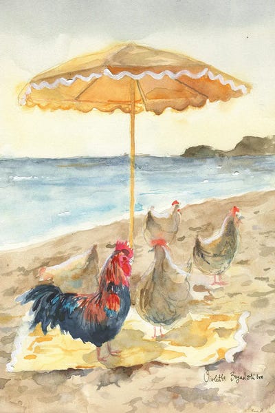 Chickens & Roosters: Rooster And Chickens On A Beach by Violetta Boyadzhieva