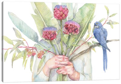 Woman Holding Flowers, Strelitzia and Artichokes, Blue Parrot Canvas Art Print - Parrot Art