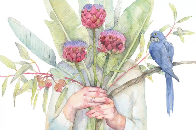 Woman Holding Flowers, Strelitzia and Artichokes, Blue Parrot