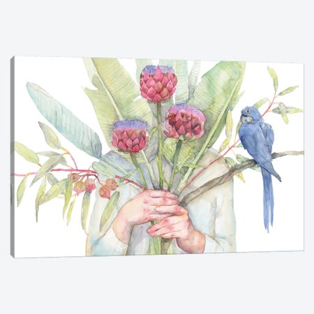 Woman Holding Flowers, Strelitzia and Artichokes, Blue Parrot Canvas Print #VBY66} by Violetta Boyadzhieva Canvas Wall Art