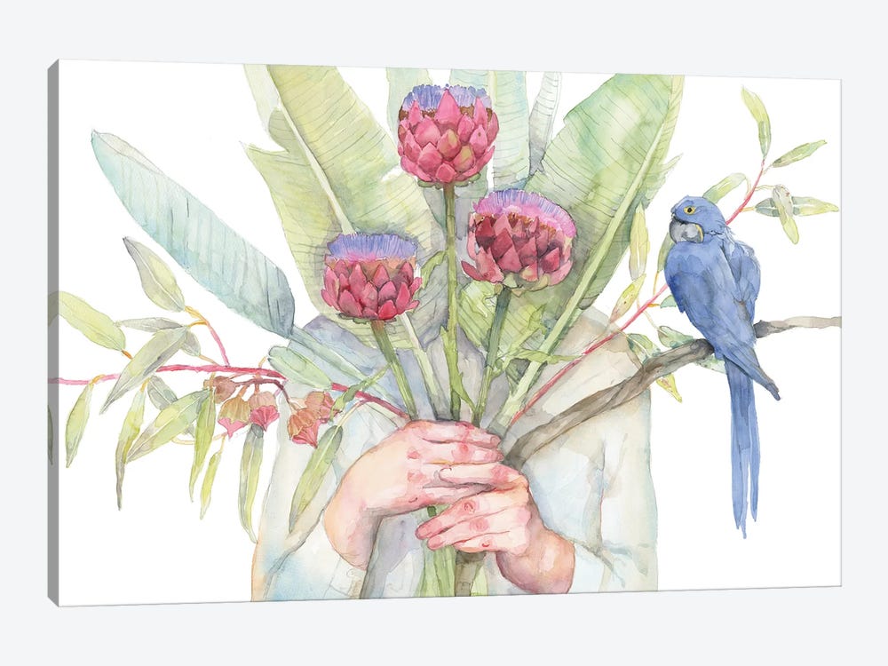 Woman Holding Flowers, Strelitzia and Artichokes, Blue Parrot by Violetta Boyadzhieva 1-piece Canvas Wall Art