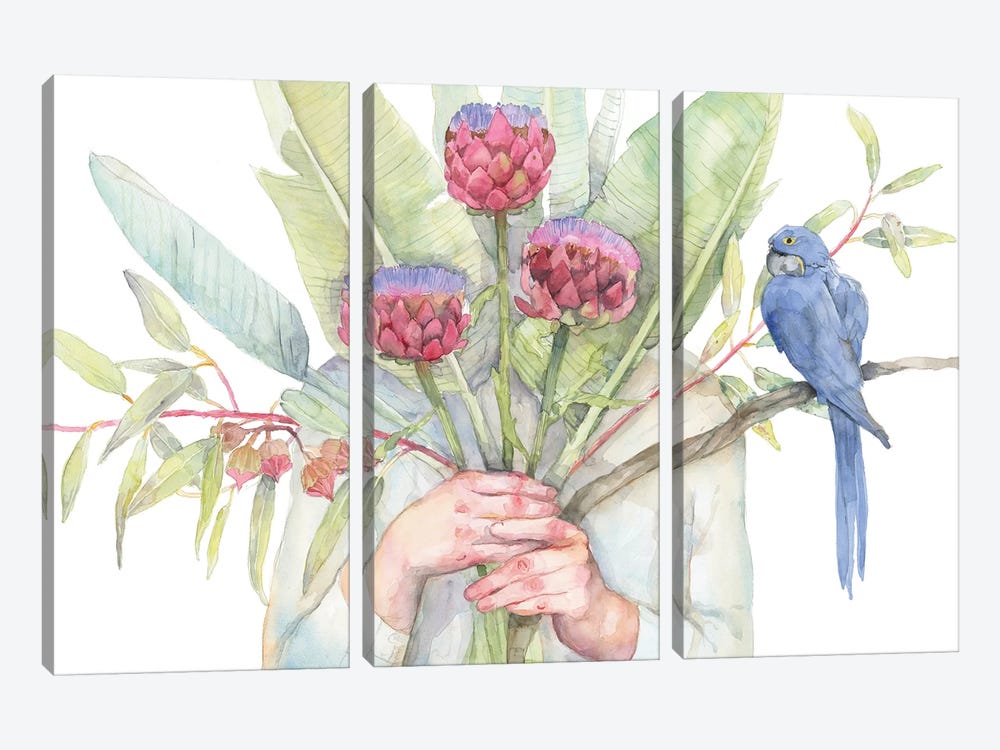 Woman Holding Flowers, Strelitzia and Artichokes, Blue Parrot by Violetta Boyadzhieva 3-piece Canvas Artwork