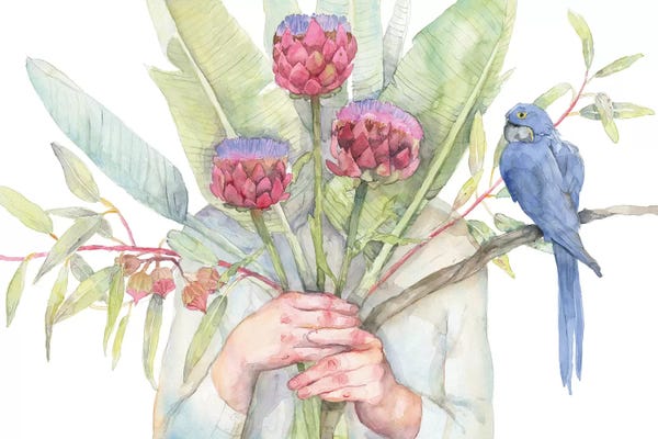Parrots: Woman Holding Flowers, Strelitzia and Artichokes, Blue Parrot by Violetta Boyadzhieva
