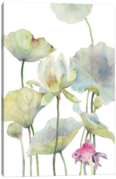 Lotus And Pink Goldfish Canvas Art Print - Fish Art