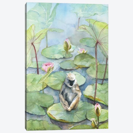 Monkey In A Lily Pond, Dreamy Watercolor Fantasy Landscape Canvas Print #VBY74} by Violetta Boyadzhieva Art Print