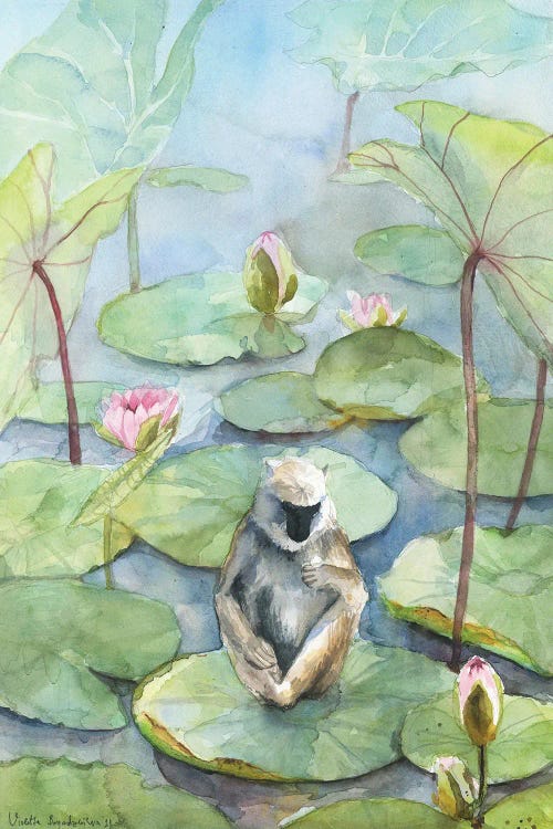 Monkey In A Lily Pond, Dreamy Watercolor Fantasy Landscape